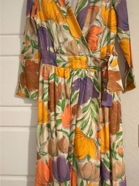 Vintage Floral Wrap Maxi Dress in Cream with Yellow & Purple Accents